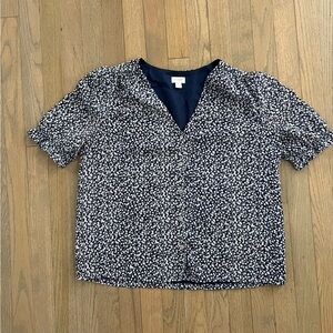 J. Crew Navy and White Floral Drapey Top with Cinched Sleeves